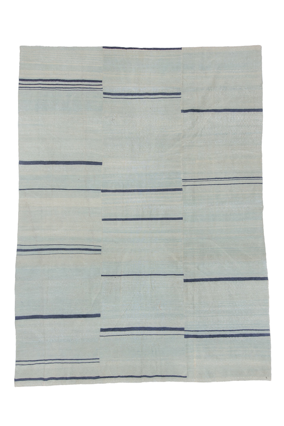 9' x 12' one-of-a-kind handmade vintage Kilim large size rug. Color palette: black, blue, charcoal, dark gray, gray