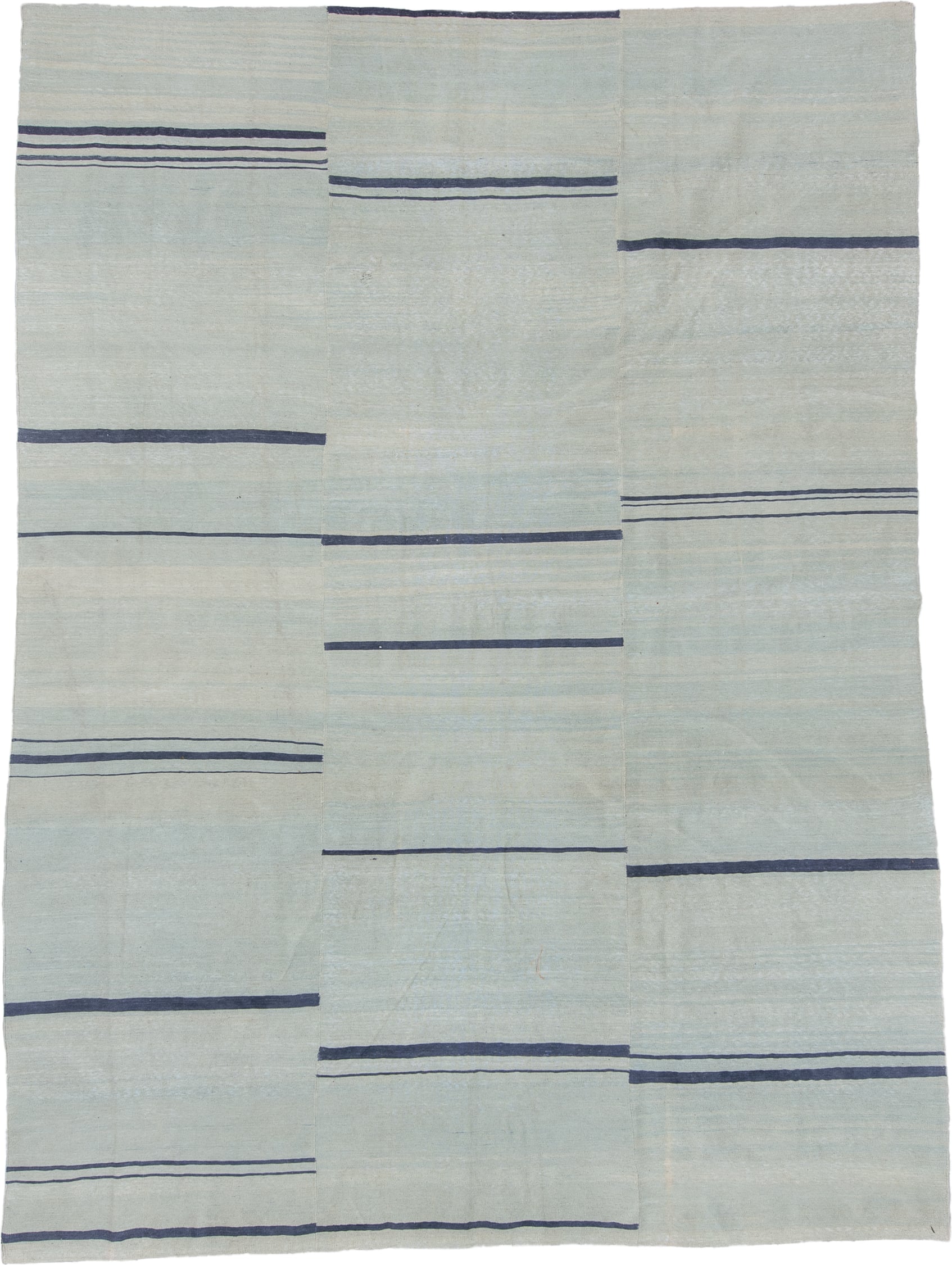 9' x 12' one-of-a-kind handmade vintage Kilim large size rug. Color palette: pale blue, indigo, ivory, light blue, purple