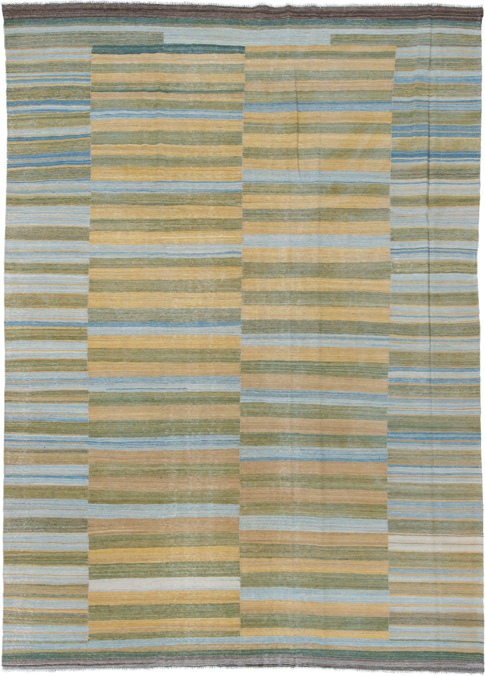 8' x 11' one-of-a-kind handmade vintage Kilim large size rug. Color palette: sage, sky blue, beige, taupe, camel, charcoal
