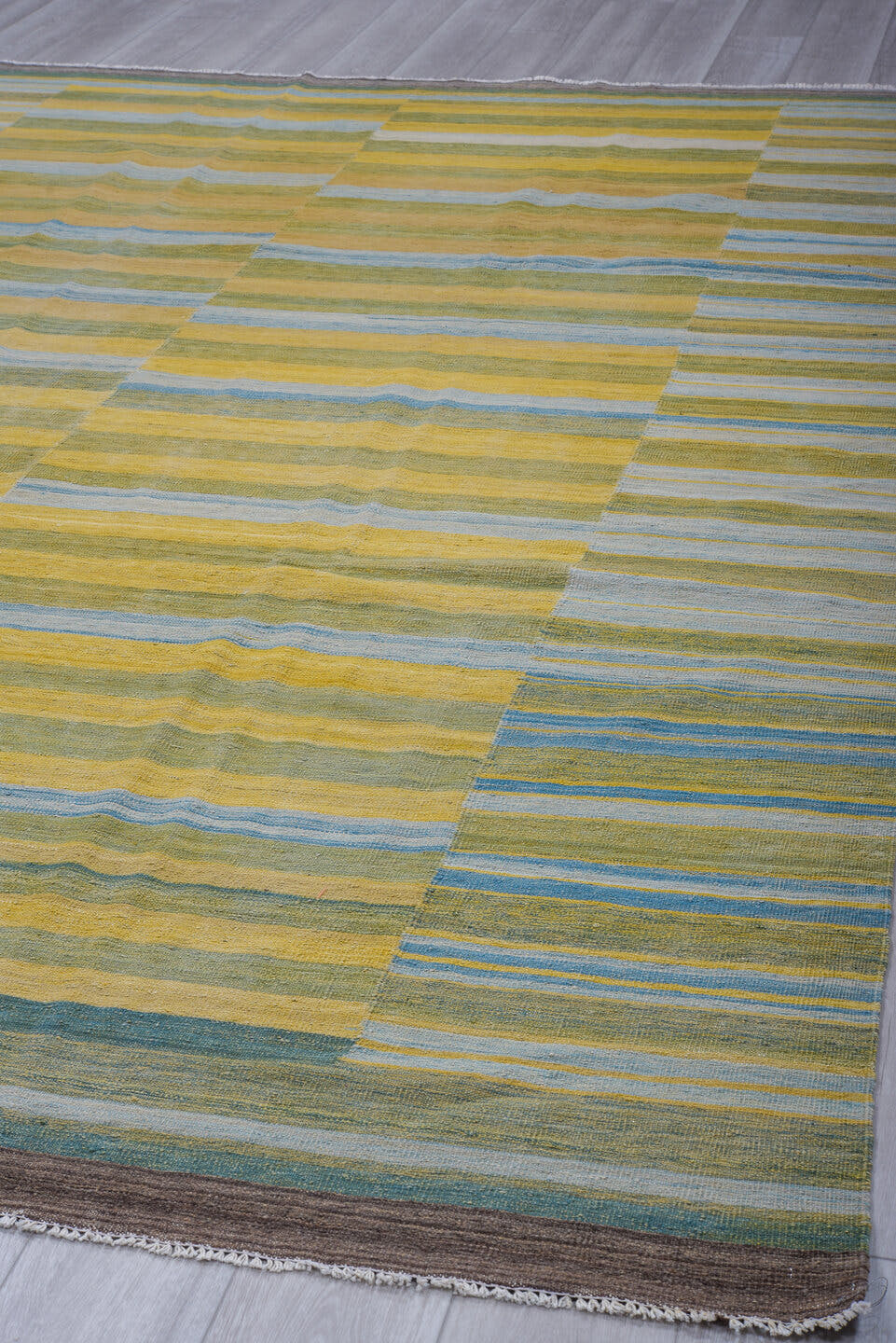 8' x 11' one-of-a-kind handmade vintage Kilim large size rug. Color palette: sage, sky blue, beige, taupe, camel, charcoal