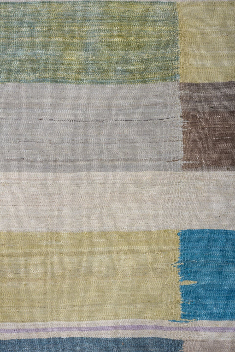 9' x 12' one-of-a-kind handmade vintage Kilim large size rug. Color palette: ivory, sky blue, taupe, sage, peach, slate