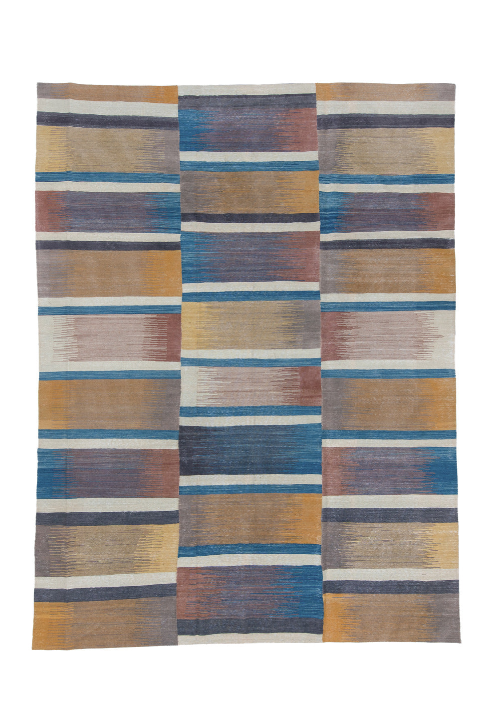 8' x 12' one-of-a-kind handmade vintage Kilim large size rug. Color palette: black, blue, brown, gray, light blue