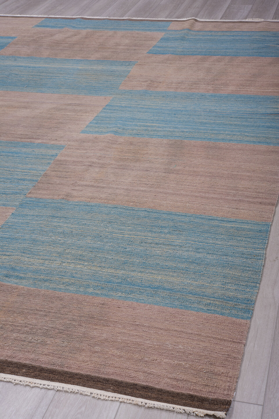 8' x 11' one-of-a-kind handmade vintage Kilim large size rug. Color palette: taupe, sky blue, charcoal, ivory, beige, gray