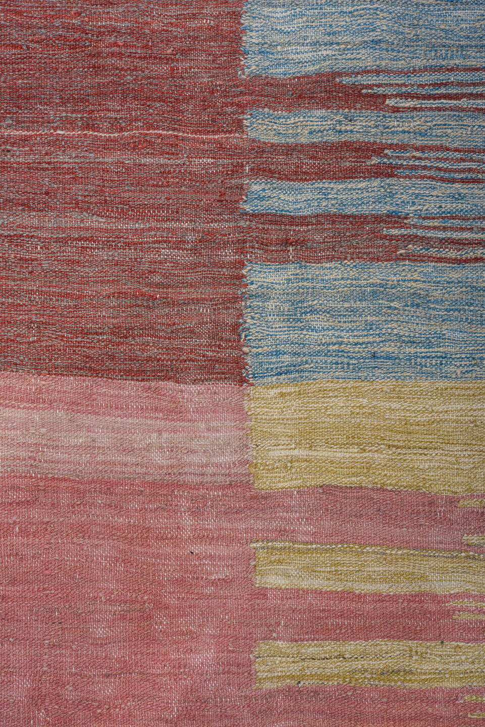 8' x 12' one-of-a-kind handmade vintage Kilim large size rug. Color palette: rose, rust, ivory, sky_blue, sage, gold, taupe