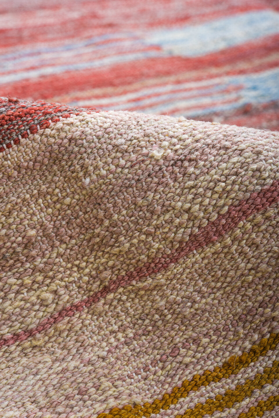 8' x 12' one-of-a-kind handmade vintage Kilim large size rug. Color palette: rose, rust, ivory, sky_blue, sage, gold, taupe