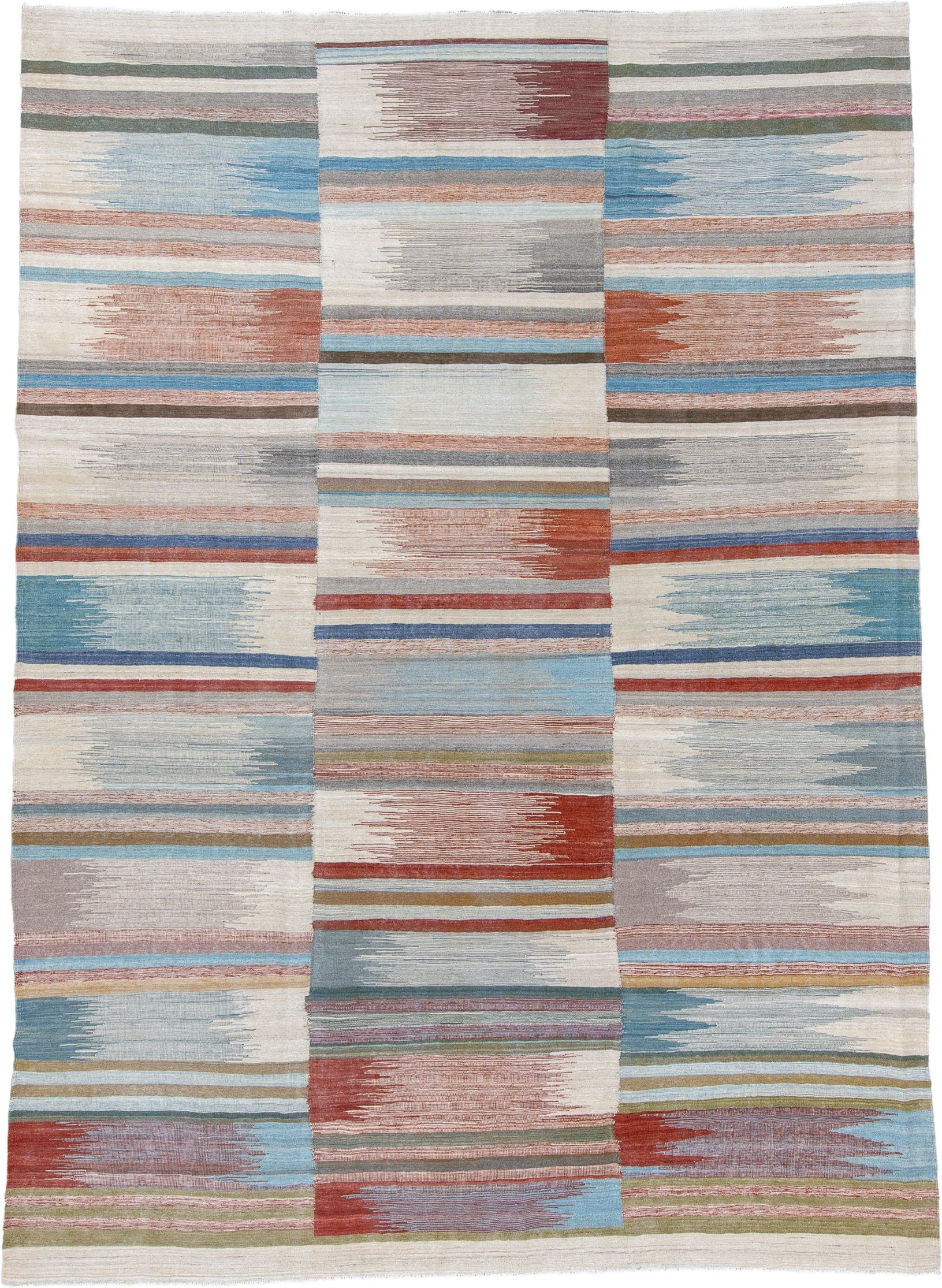 8' x 12' one-of-a-kind handmade vintage Kilim large size rug. Color palette: ivory, sky blue, rust, gray, sage, blush, taupe