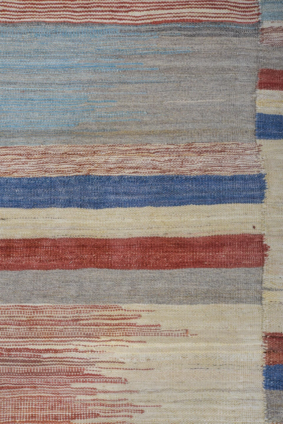 8' x 12' one-of-a-kind handmade vintage Kilim large size rug. Color palette: ivory, sky blue, rust, gray, sage, blush, taupe