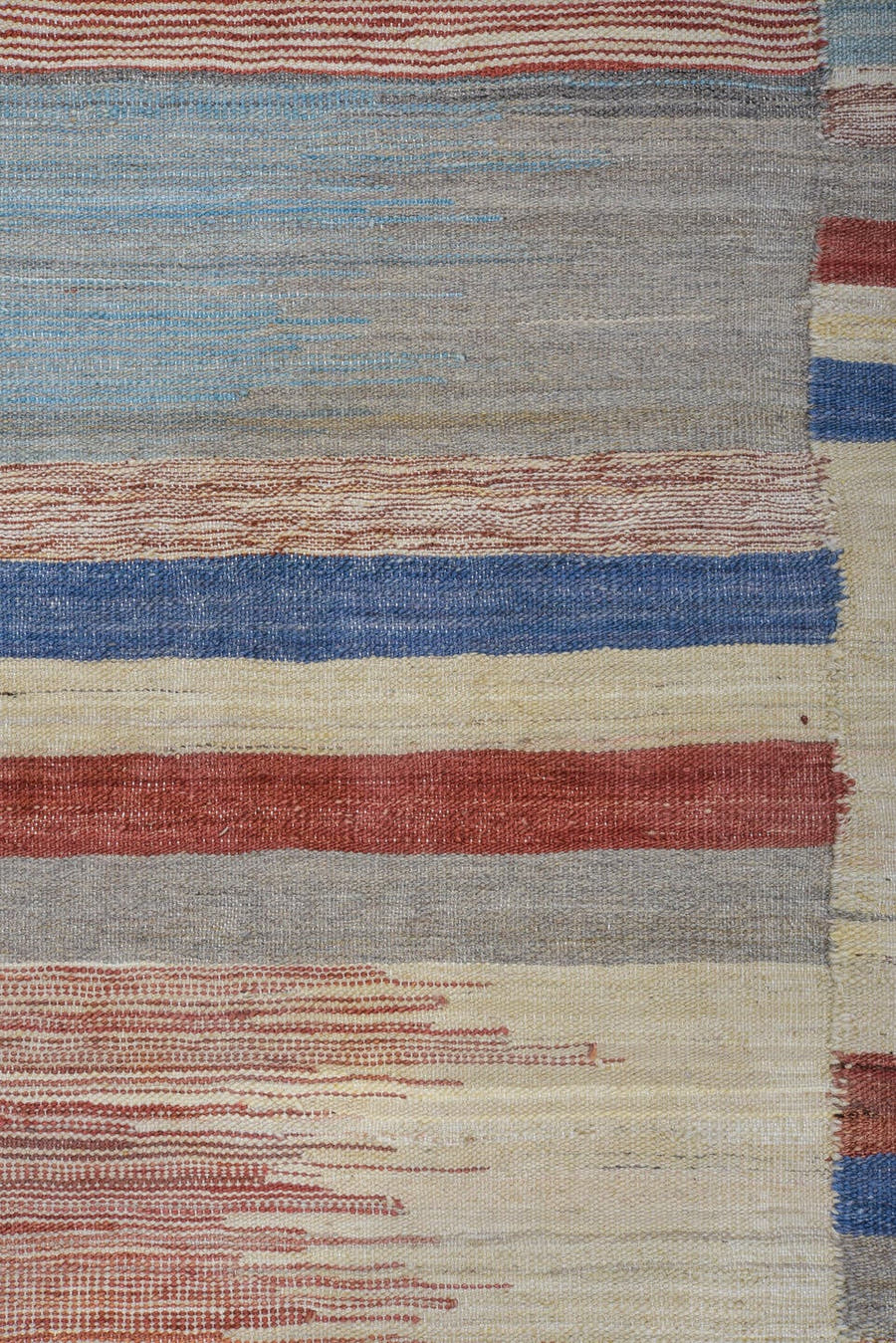 8' x 12' one-of-a-kind handmade vintage Kilim large size rug. Color palette: ivory, sky blue, rust, gray, sage, blush, taupe