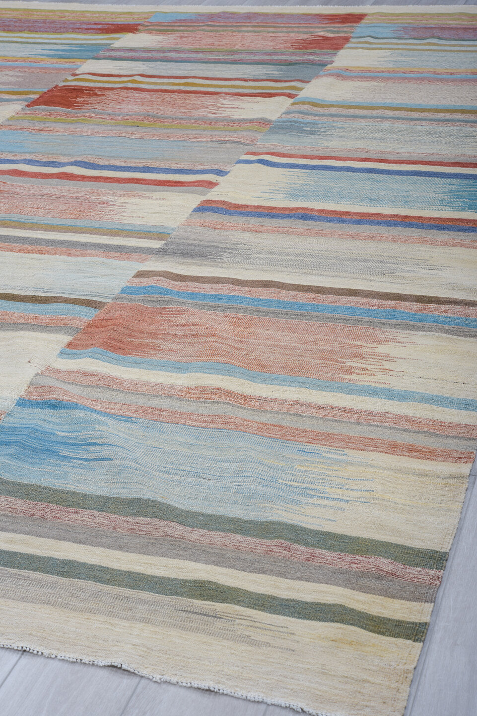 8' x 12' one-of-a-kind handmade vintage Kilim large size rug. Color palette: ivory, sky blue, rust, gray, sage, blush, taupe