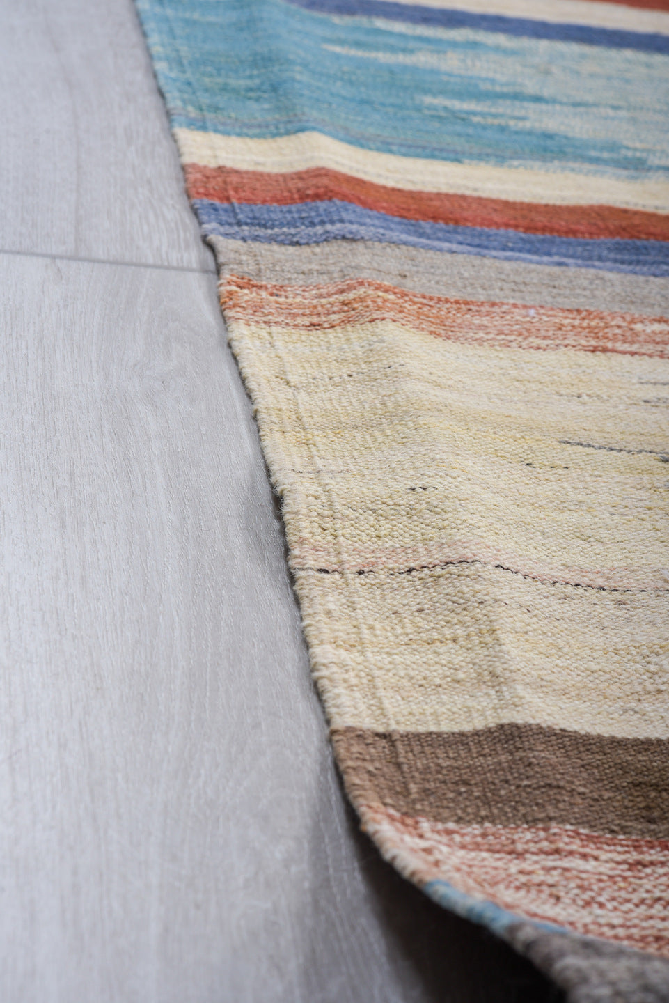 7' x 11' one-of-a-kind handmade vintage Kilim large size rug. Color palette: blue, gray, light blue, light gray