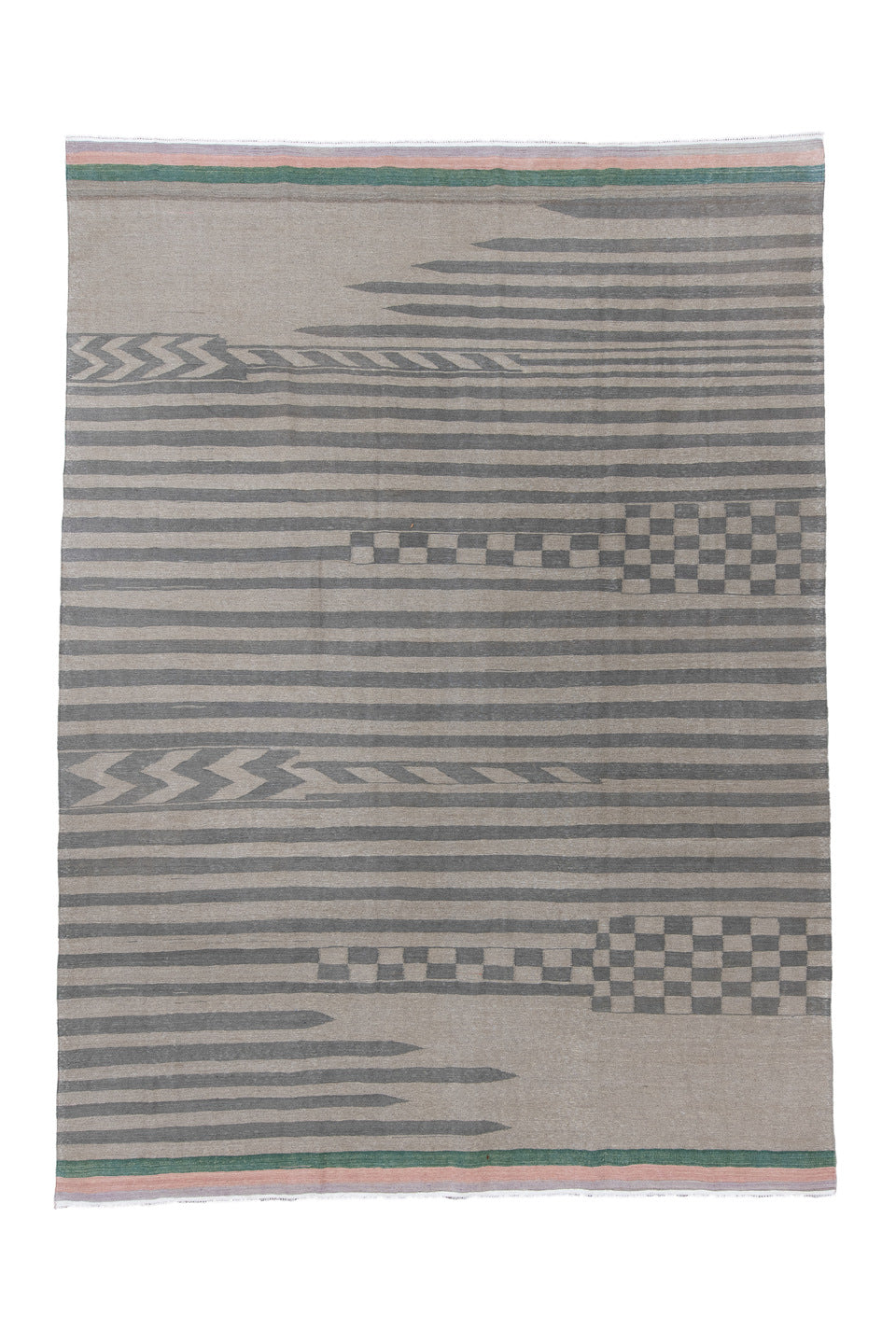 9' x 12' one-of-a-kind handmade vintage Kilim large size rug. Color palette: dark gray, dark slate gray, dim gray, gray