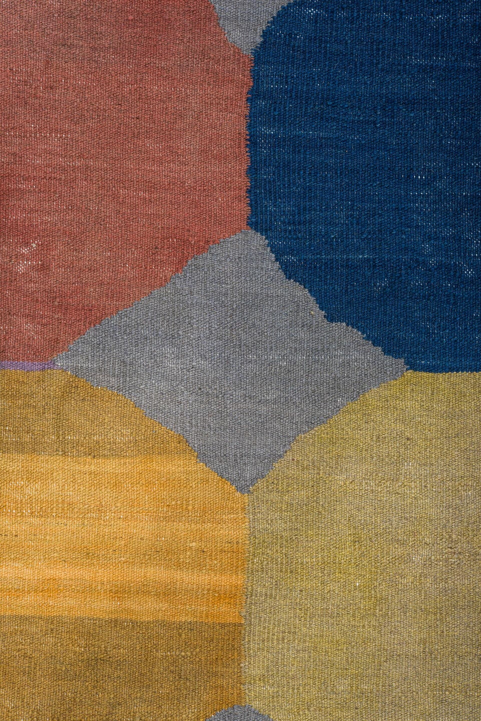 9' x 12' one-of-a-kind handmade vintage Kilim large size rug. Color palette: gray, navy, lavender, gold, sage, terra cotta