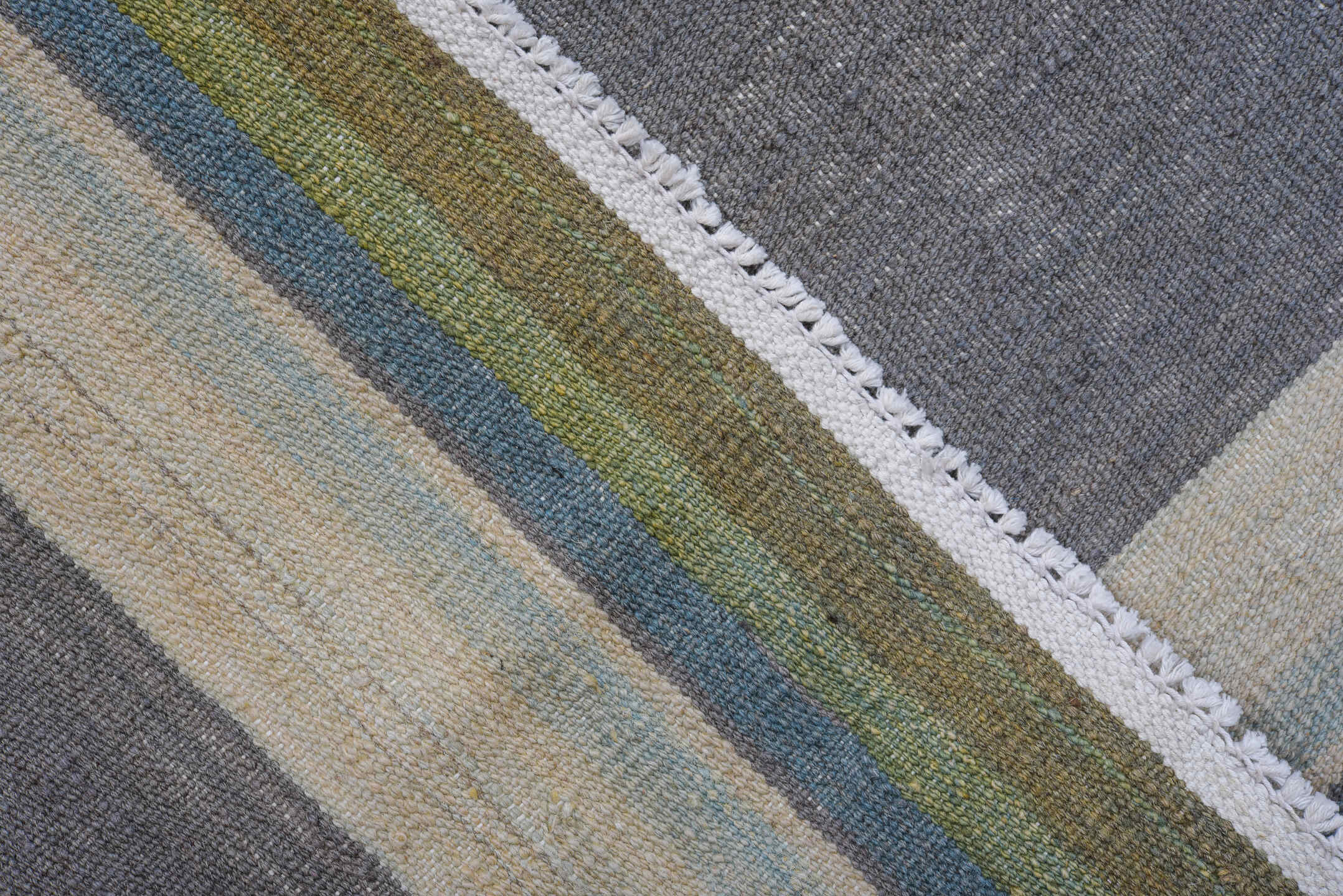 9' x 12' one-of-a-kind handmade vintage Kilim large size rug. Color palette: gray, navy, lavender, gold, sage, terra cotta