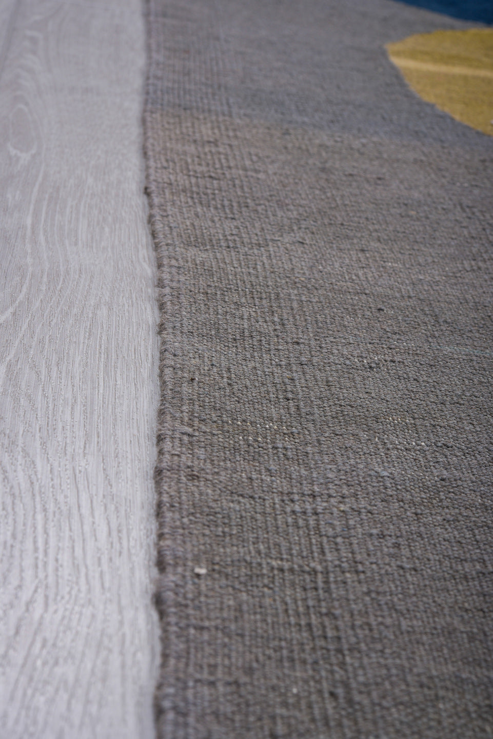 9' x 12' one-of-a-kind handmade vintage Kilim large size rug. Color palette: gray, navy, lavender, gold, sage, terra cotta