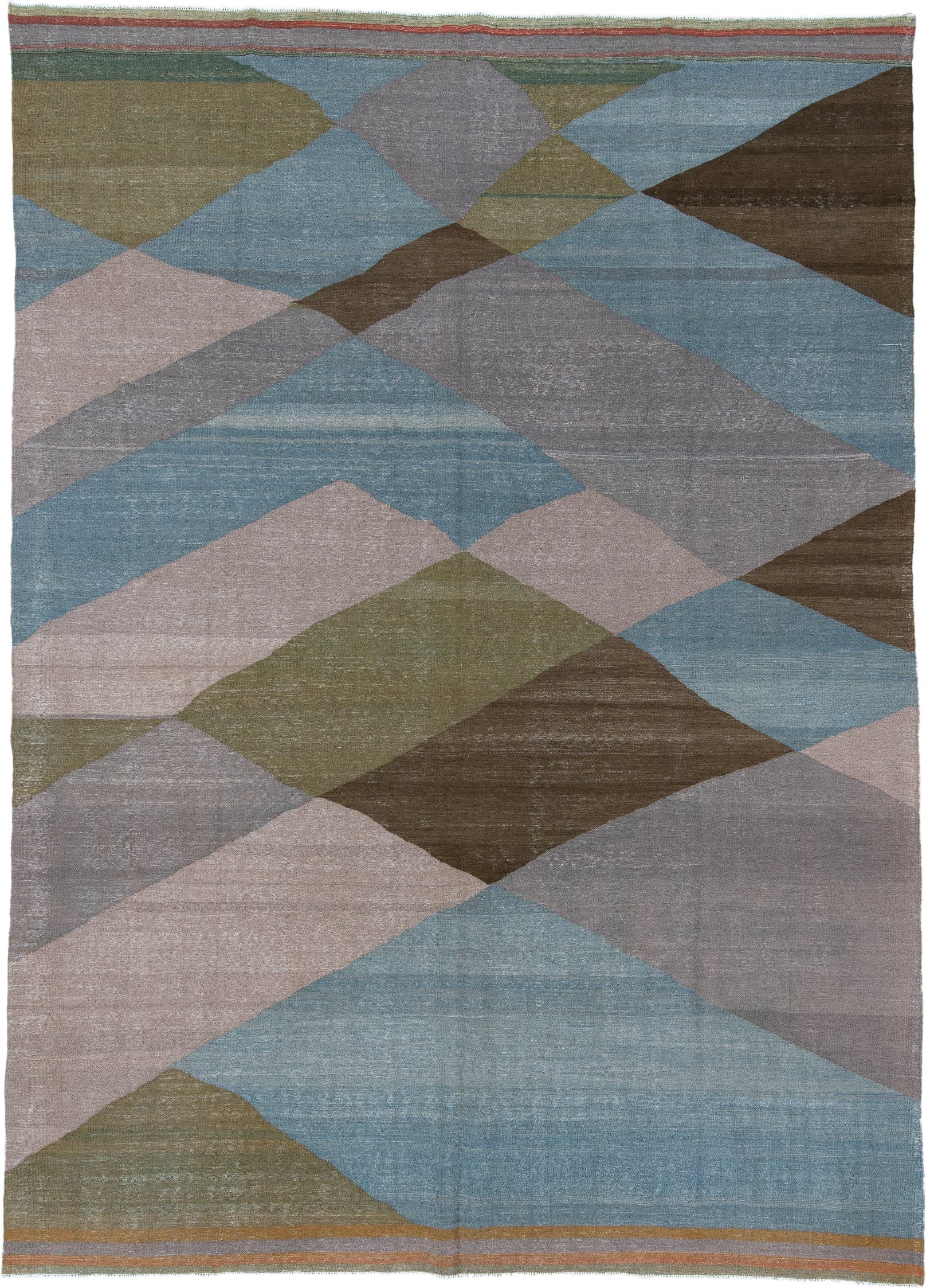 9' x 12' one-of-a-kind handmade vintage Kilim large size rug. Color palette: sky blue, taupe, olive, brown, blush, rust