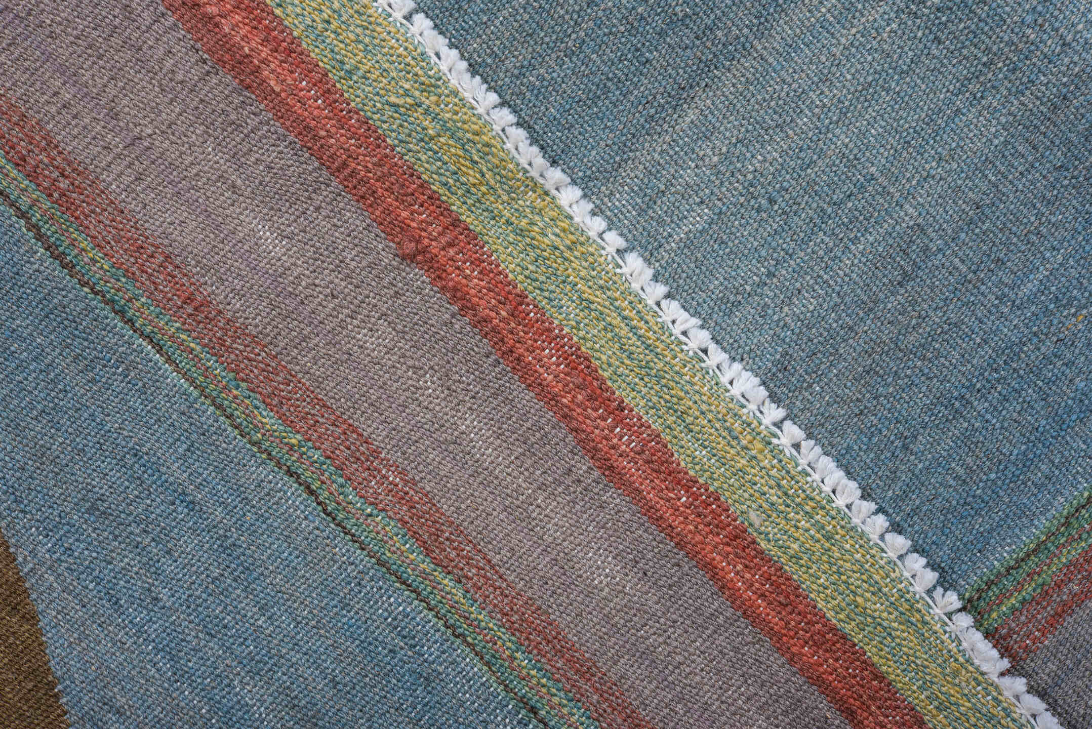 9' x 12' one-of-a-kind handmade vintage Kilim large size rug. Color palette: sky blue, taupe, olive, brown, blush, rust