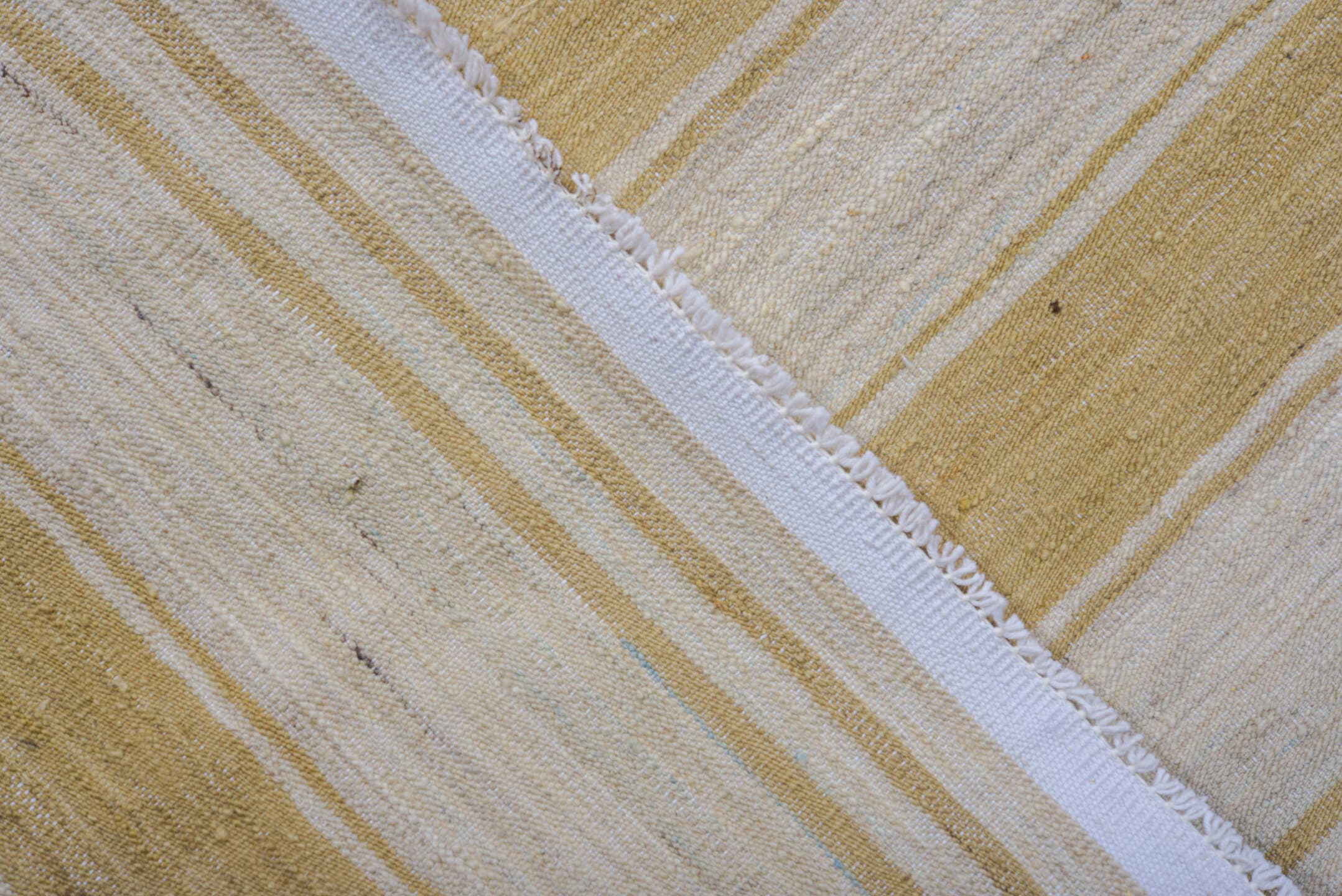 8' x 12' one-of-a-kind handmade vintage Kilim large size rug. Color palette: ivory, camel, gold, cream, beige