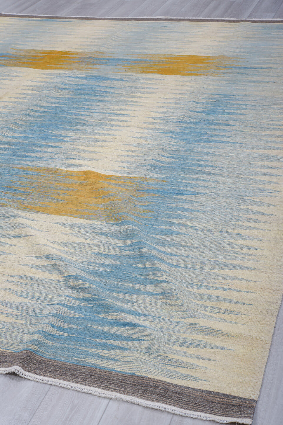 8' x 11' one-of-a-kind handmade vintage Kilim large size rug. Color palette: ivory, sky blue, camel, charcoal, cream