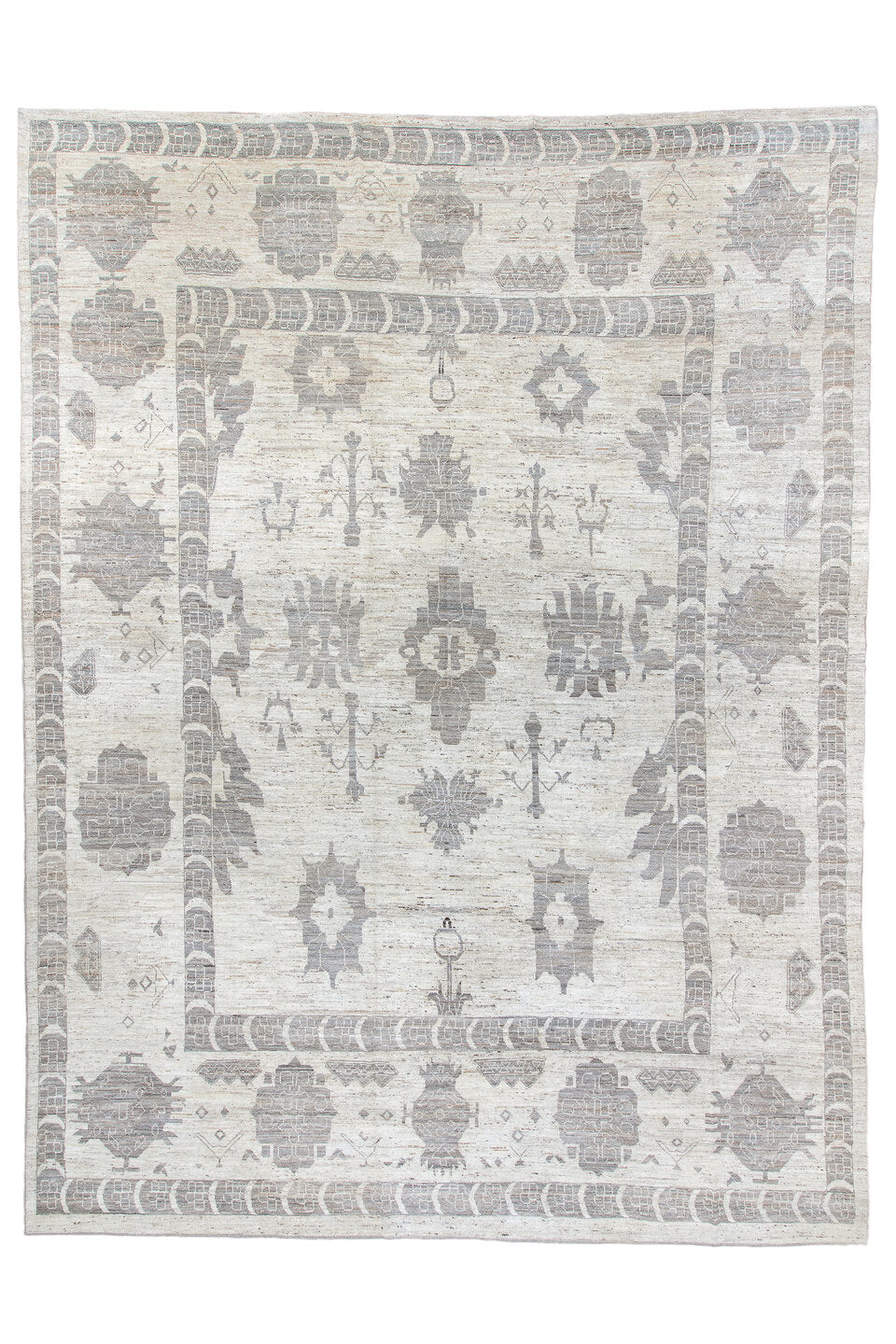 14' x 19' one-of-a-kind handmade vintage Tulu oversize rug. Color palette: dim gray, gray, light blue, light gray, off-white
