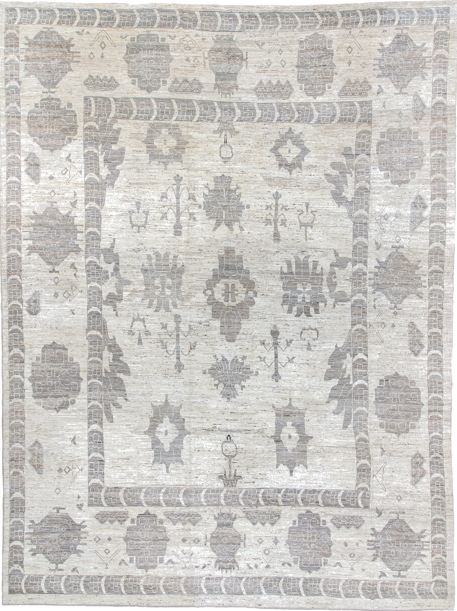 9' x 12' one-of-a-kind handmade vintage Tulu large size rug. Color palette: dim gray, gray, light blue, light gray