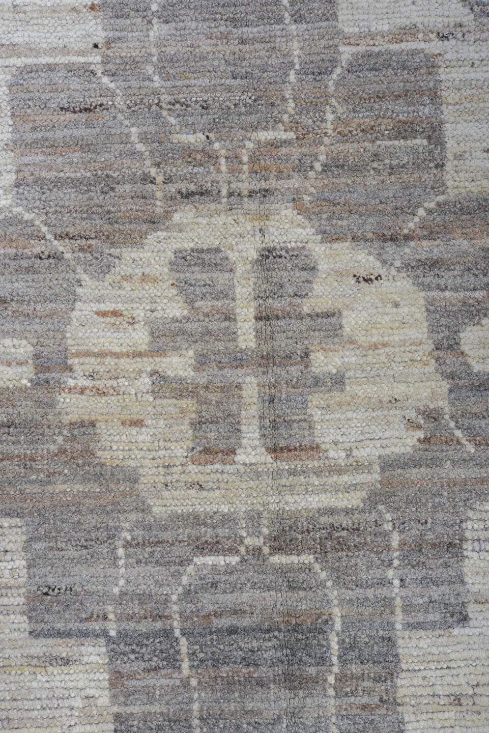 9' x 12' one-of-a-kind handmade vintage Tulu large size rug. Color palette: ivory, taupe, silver, beige, greige, gray