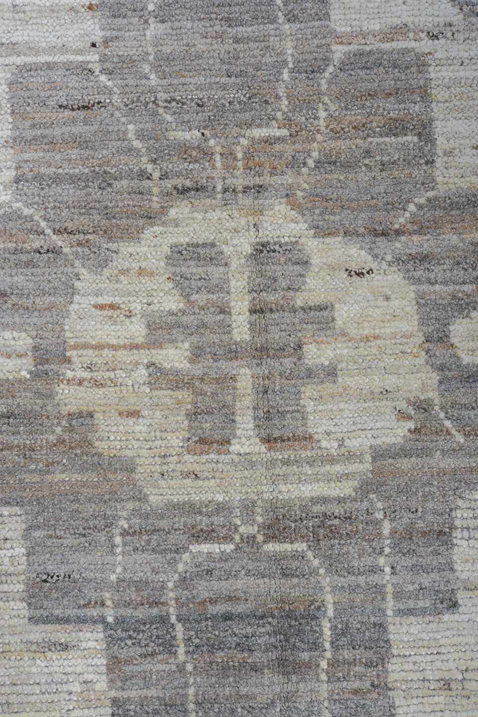 14' x 19' one-of-a-kind handmade vintage Tulu oversize rug. Color palette: dim gray, gray, light blue, light gray, off-white