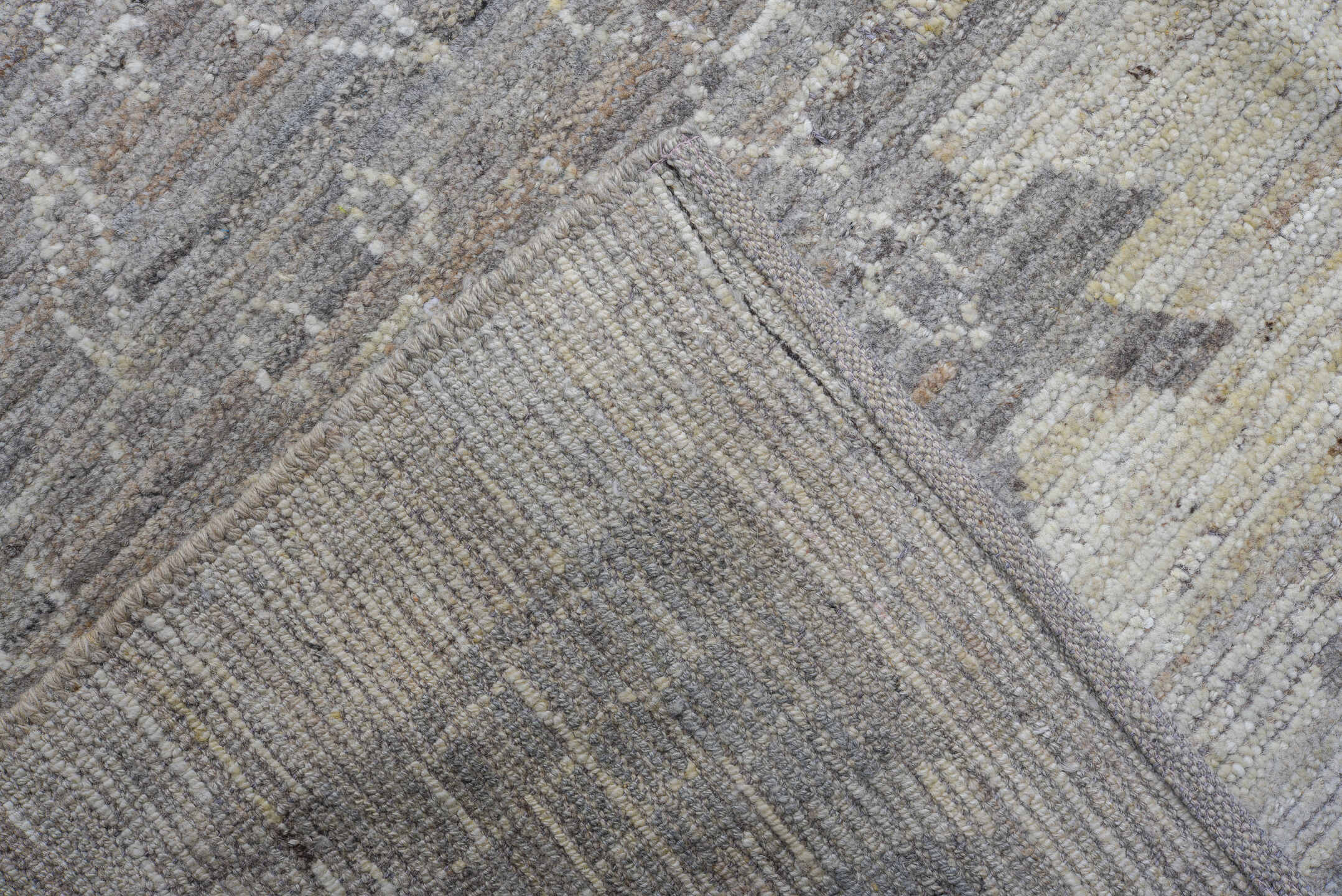 9' x 12' one-of-a-kind handmade vintage Tulu large size rug. Color palette: ivory, taupe, silver, beige, greige, gray