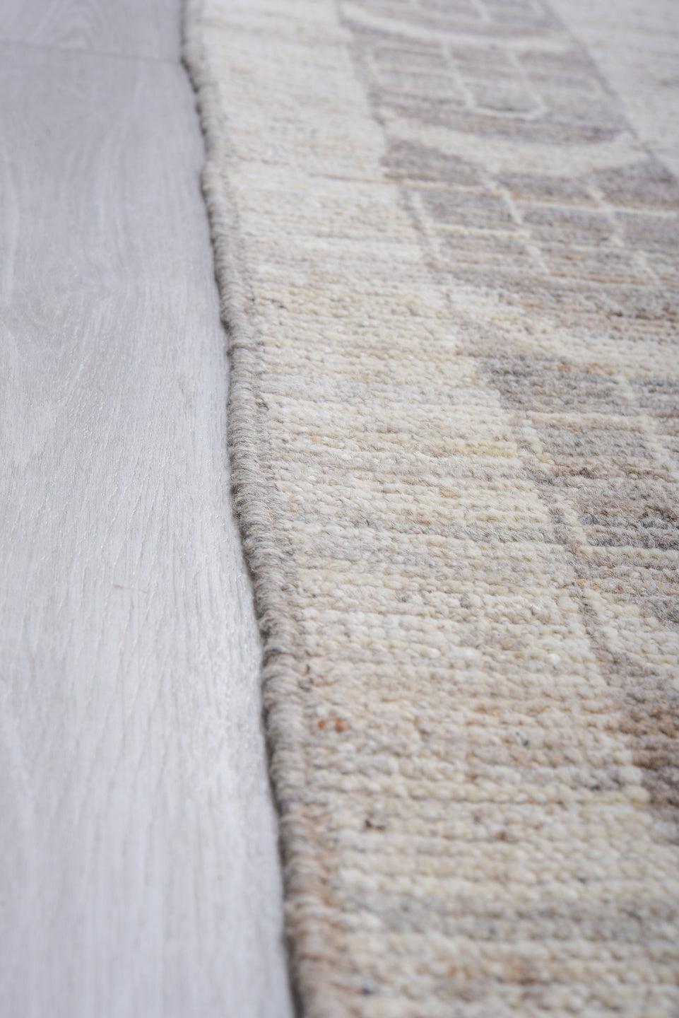 9' x 12' one-of-a-kind handmade vintage Tulu large size rug. Color palette: ivory, taupe, silver, beige, greige, gray