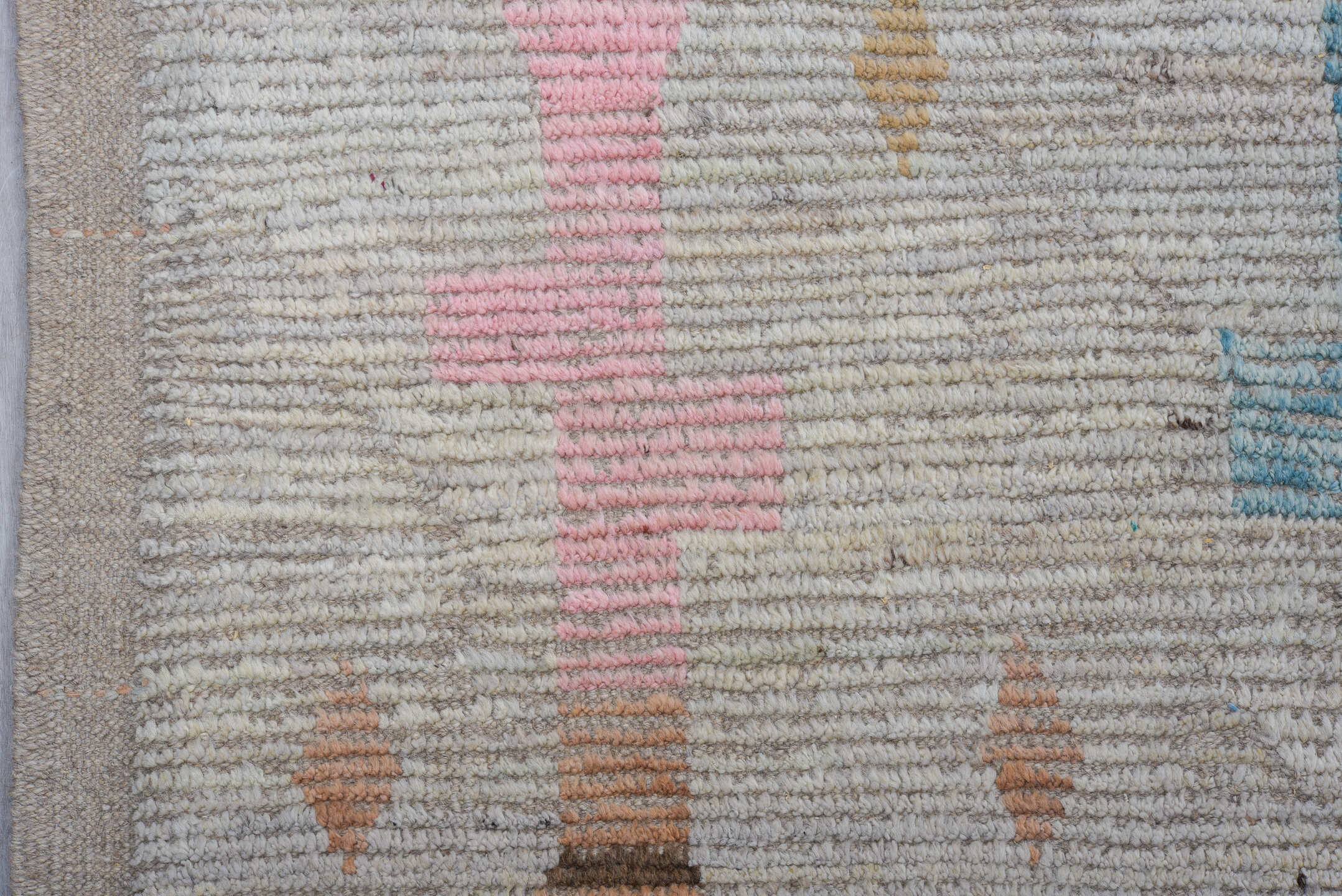 17' x 20' one-of-a-kind handmade vintage Tulu oversize rug. Color palette: ivory, sky blue, blush, camel, taupe, light blue