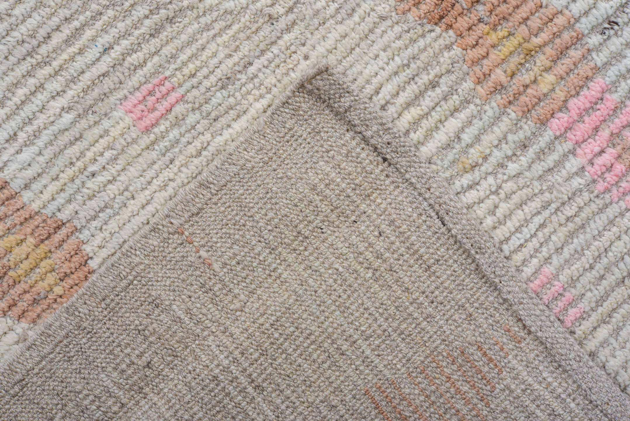 17' x 20' one-of-a-kind handmade vintage Tulu oversize rug. Color palette: ivory, sky blue, blush, camel, taupe, light blue