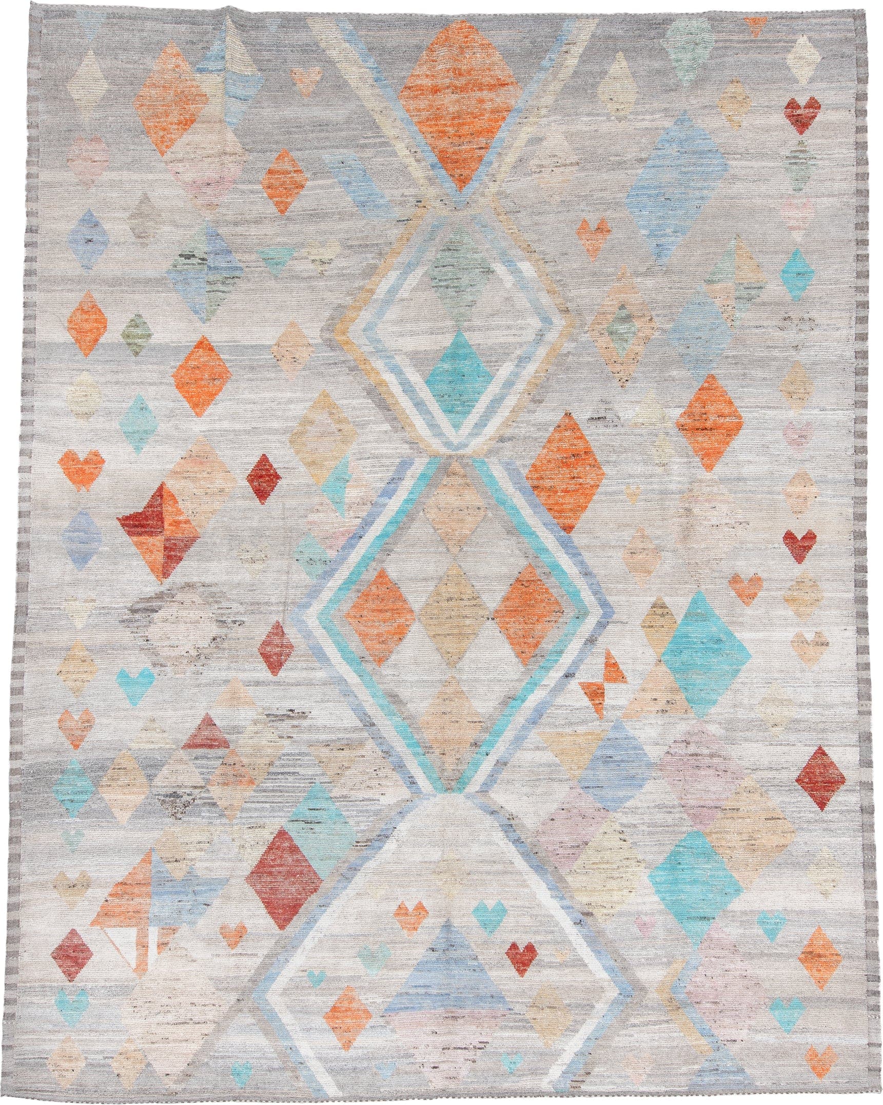 9' x 12' one-of-a-kind handmade vintage Tulu large size rug. Color palette: gray, ivory, sky blue, turquoise, coral, sand
