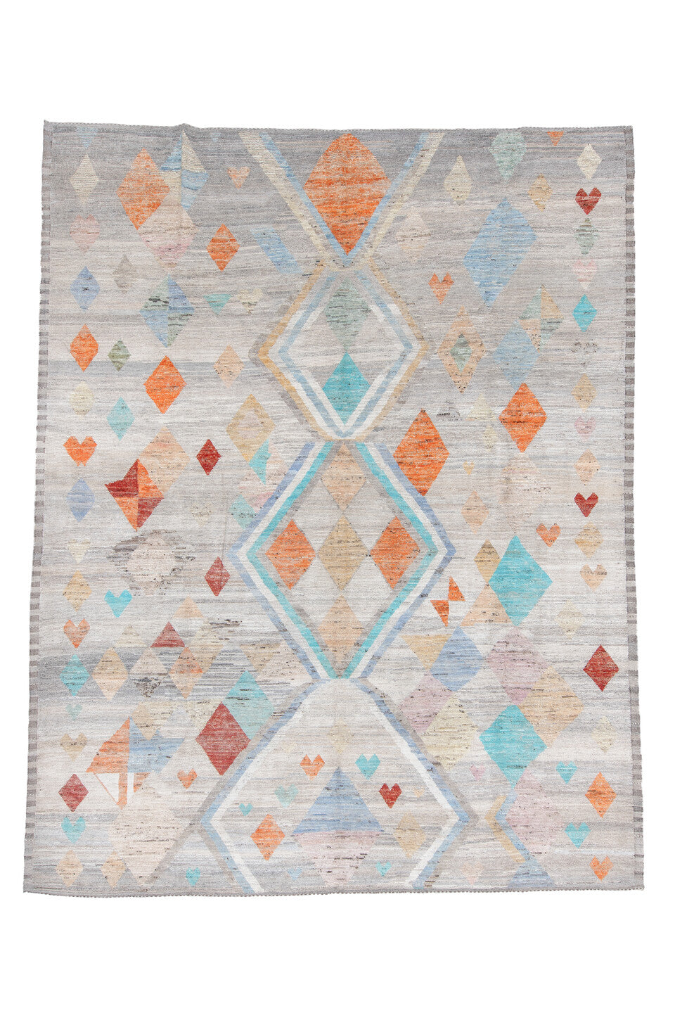 9' x 12' one-of-a-kind handmade vintage Tulu large size rug. Color palette: black, brown, gainsboro, gray, light blue