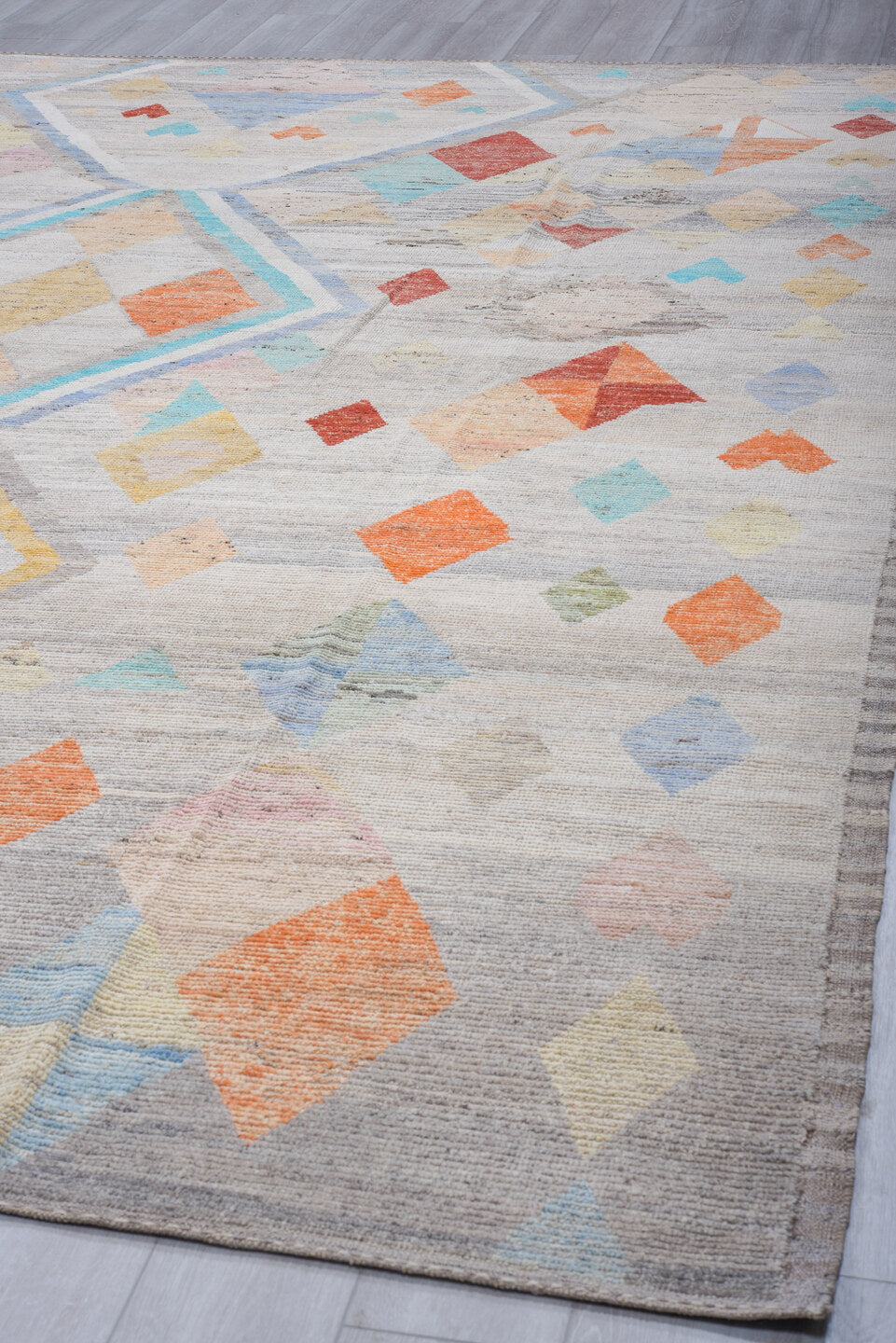 9' x 12' one-of-a-kind handmade vintage Tulu large size rug. Color palette: gray, ivory, sky blue, turquoise, coral, sand