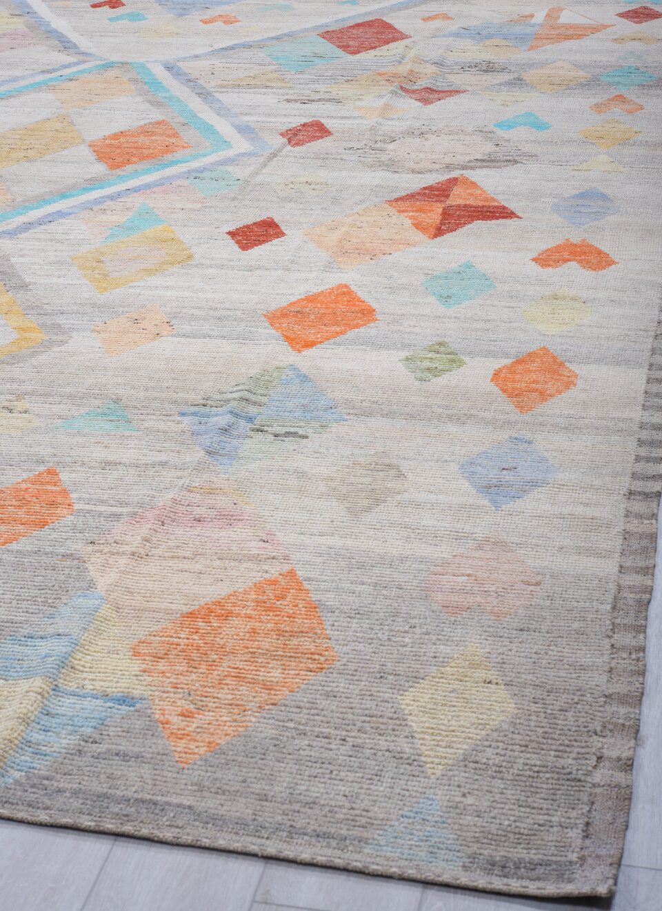 9' x 12' one-of-a-kind handmade vintage Tulu large size rug. Color palette: black, brown, gainsboro, gray, light blue