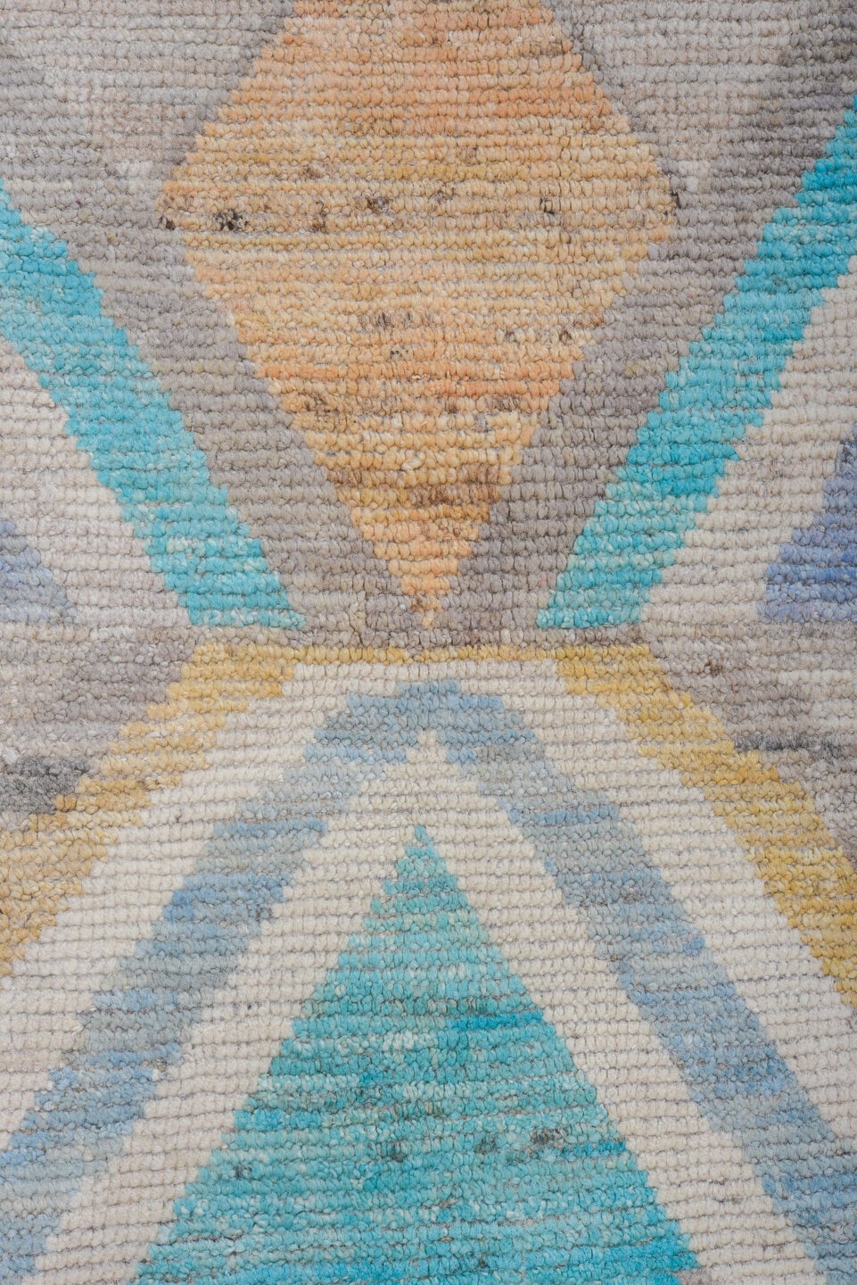 9' x 12' one-of-a-kind handmade vintage Tulu large size rug. Color palette: gray, ivory, sky blue, turquoise, coral, sand