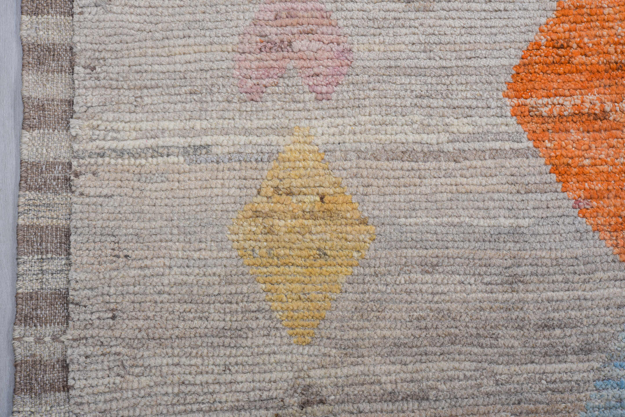 9' x 12' one-of-a-kind handmade vintage Tulu large size rug. Color palette: gray, ivory, sky blue, turquoise, coral, sand