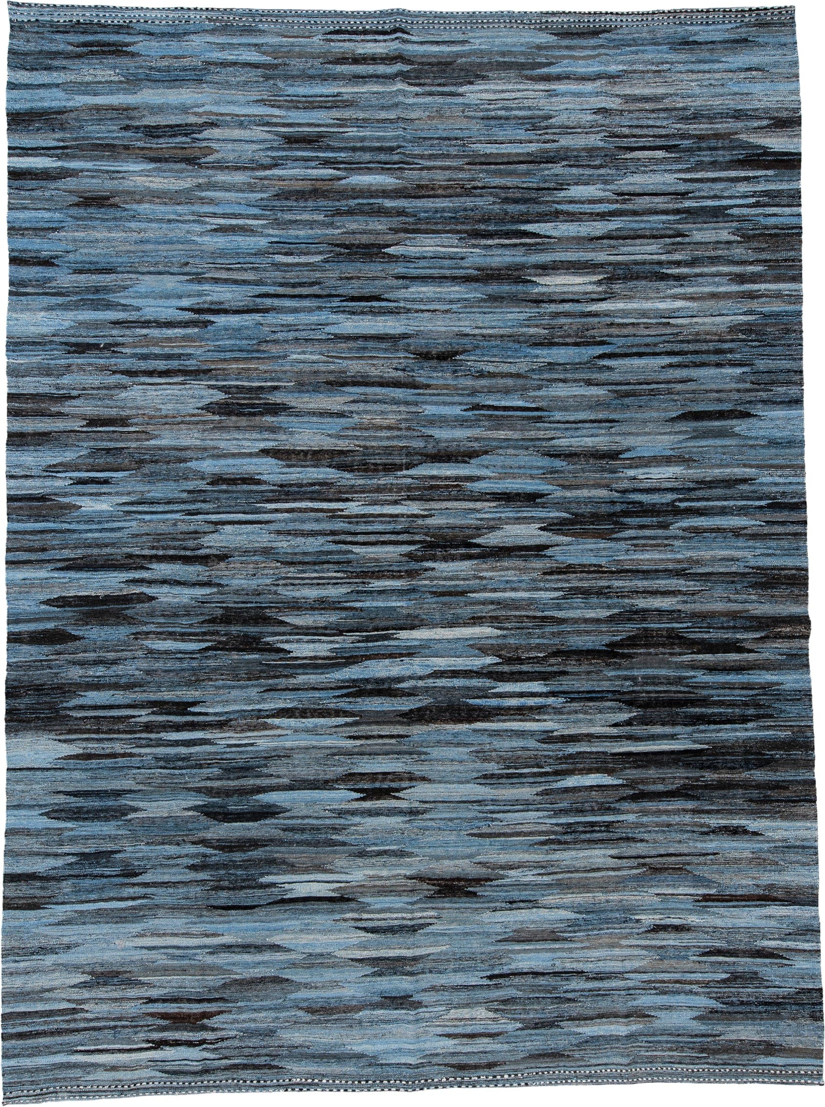 10' x 14' one-of-a-kind handmade vintage Kilim large size rug. Color palette: blue, charcoal, slate, ivory, gray, black