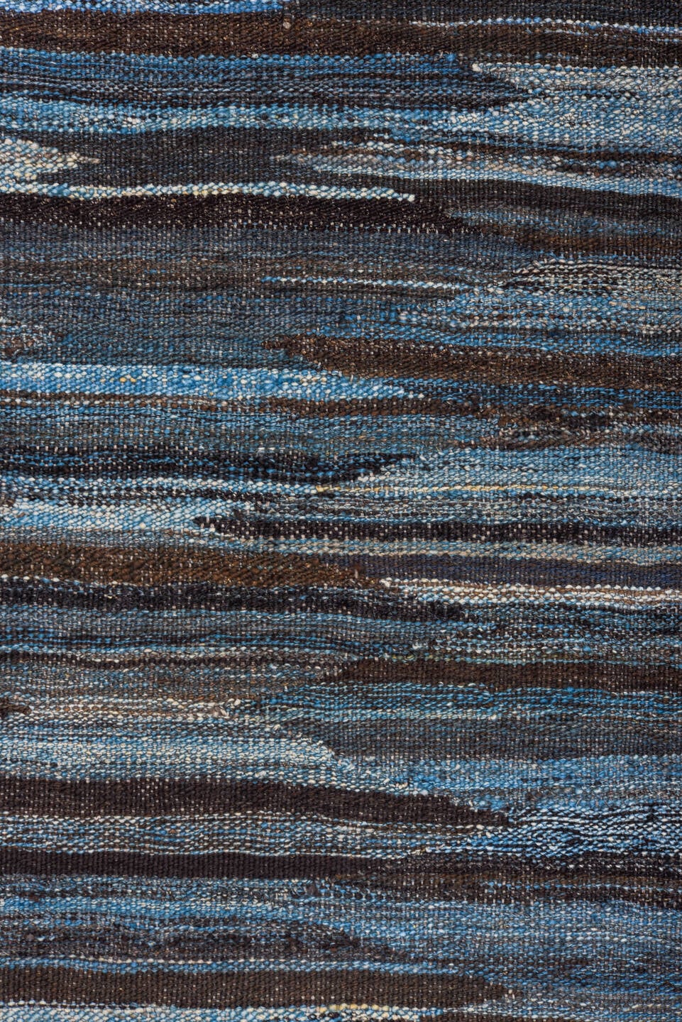 10' x 14' one-of-a-kind handmade vintage Kilim large size rug. Color palette: blue, charcoal, slate, ivory, gray, black