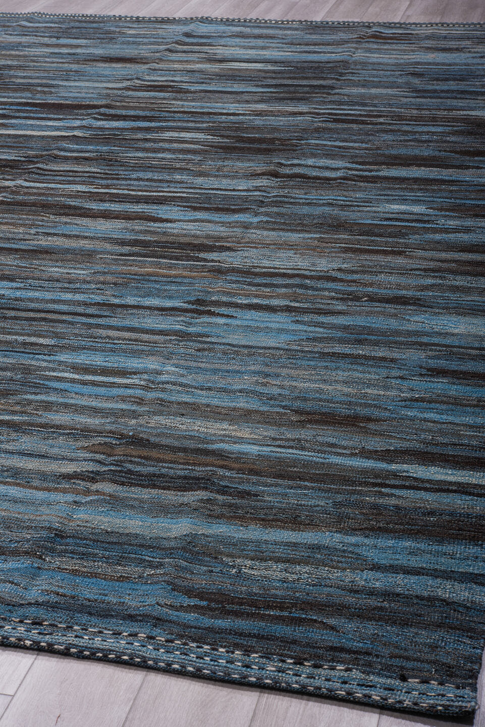 10' x 14' one-of-a-kind handmade vintage Kilim large size rug. Color palette: blue, charcoal, slate, ivory, gray, black