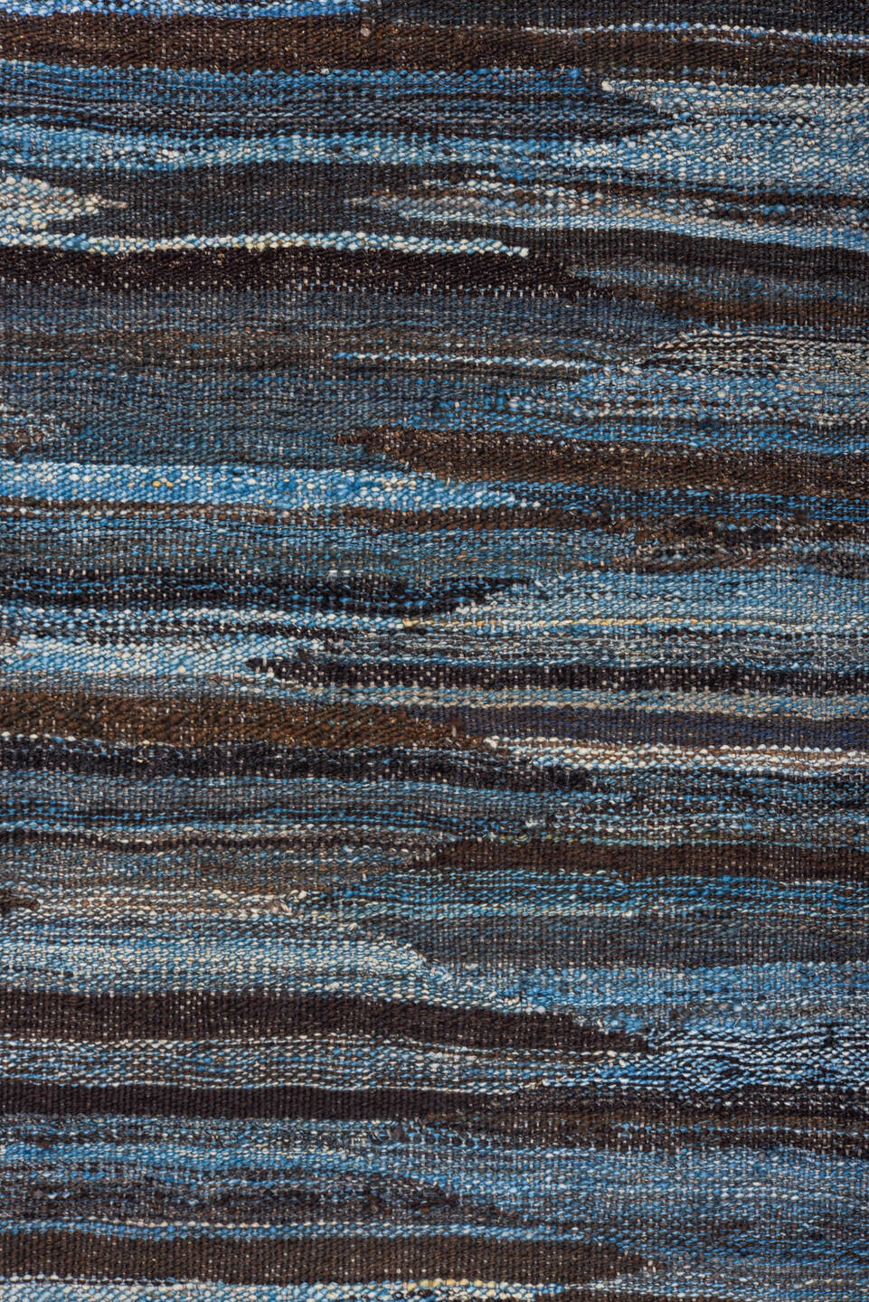 10' x 14' one-of-a-kind handmade vintage Kilim large size rug. Color palette: black, blue, dark gray, dim gray, gray