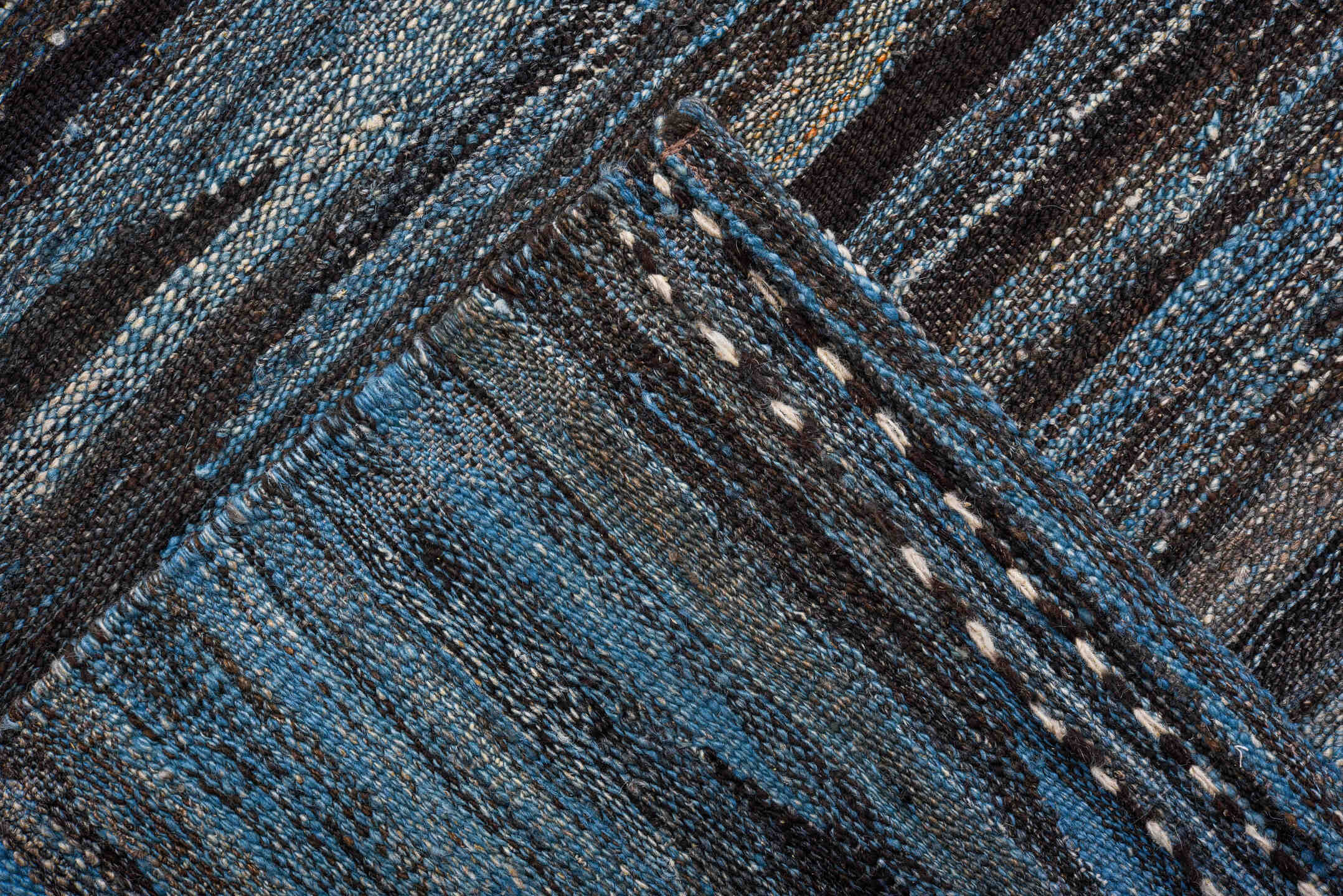 10' x 14' one-of-a-kind handmade vintage Kilim large size rug. Color palette: blue, charcoal, slate, ivory, gray, black