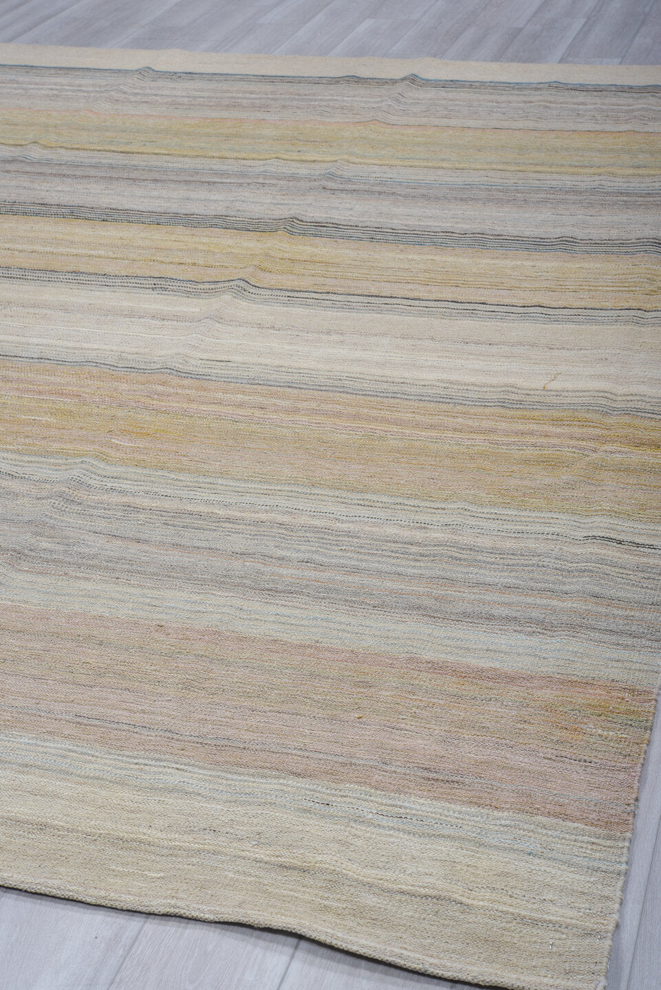 10' x 14' one-of-a-kind handmade vintage Kilim large size rug. Color palette: ivory, taupe, sand, charcoal, blush, gray