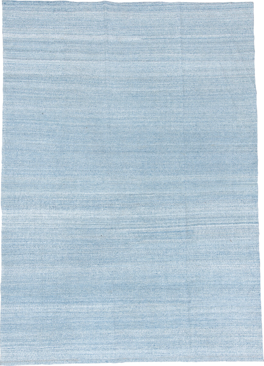 8' x 12' one-of-a-kind handmade vintage Kilim large size rug. Color palette: sky blue, powder blue, ivory, light blue