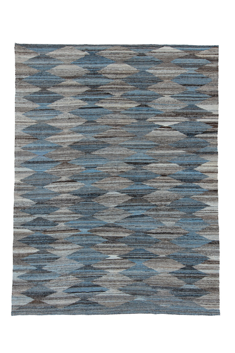 8' x 12' one-of-a-kind handmade vintage Kilim large size rug. Color palette: arapawa, black, blue, charcoal, dark gray, gray