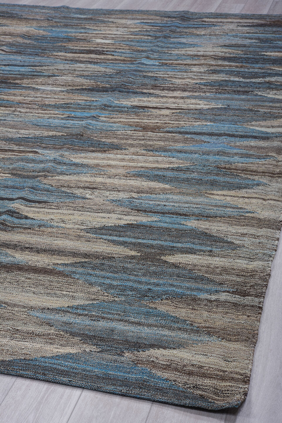 8' x 12' one-of-a-kind handmade vintage Kilim large size rug. Color palette: blue, taupe, ivory, charcoal, gray, beige