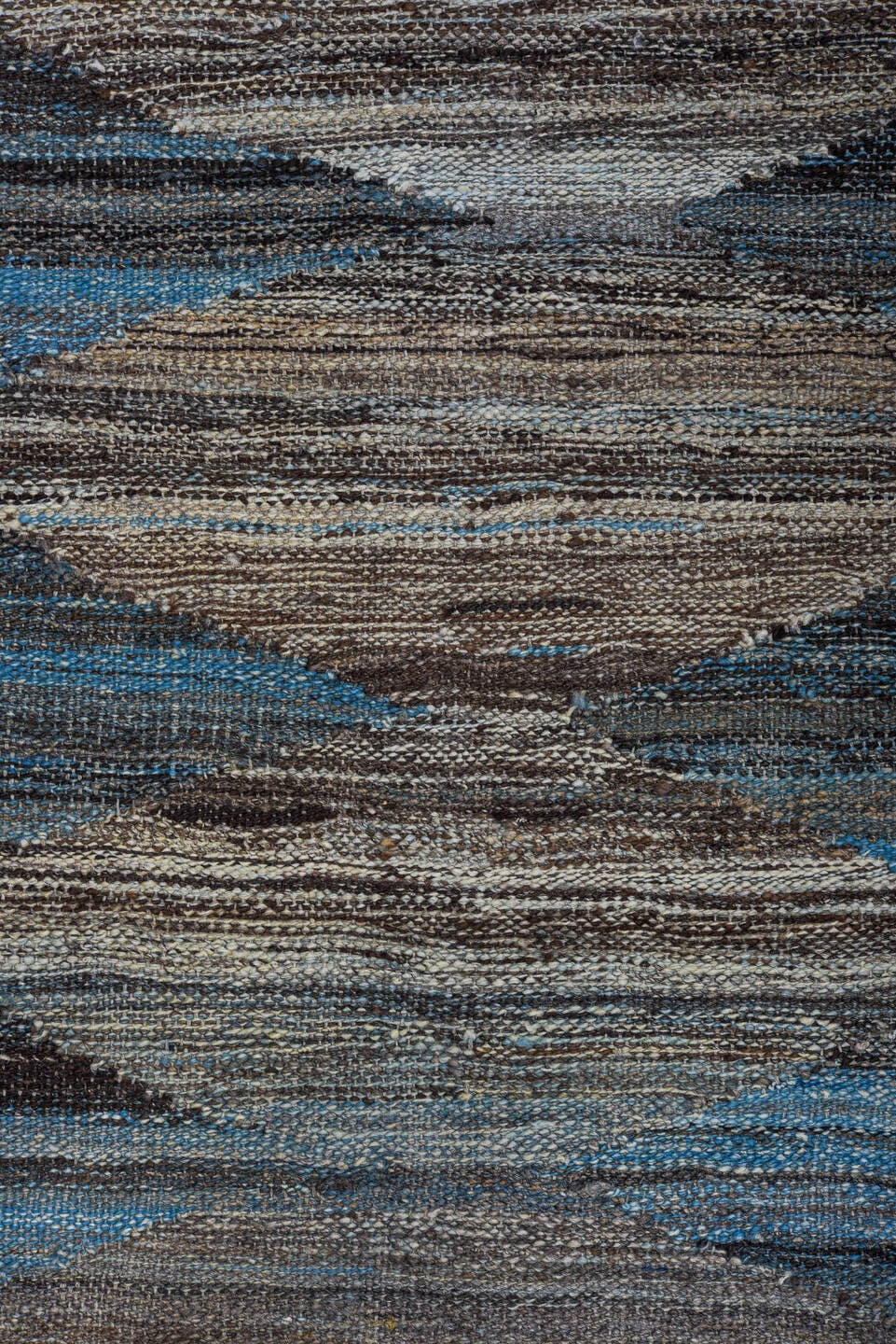 8' x 12' one-of-a-kind handmade vintage Kilim large size rug. Color palette: blue, taupe, ivory, charcoal, gray, beige