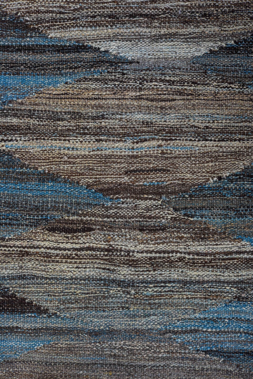 8' x 12' one-of-a-kind handmade vintage Kilim large size rug. Color palette: blue, taupe, ivory, charcoal, gray, beige