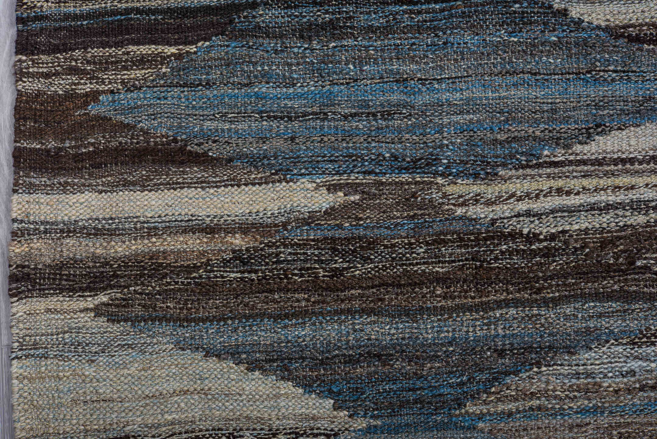 8' x 12' one-of-a-kind handmade vintage Kilim large size rug. Color palette: arapawa, black, blue, charcoal, dark gray, gray