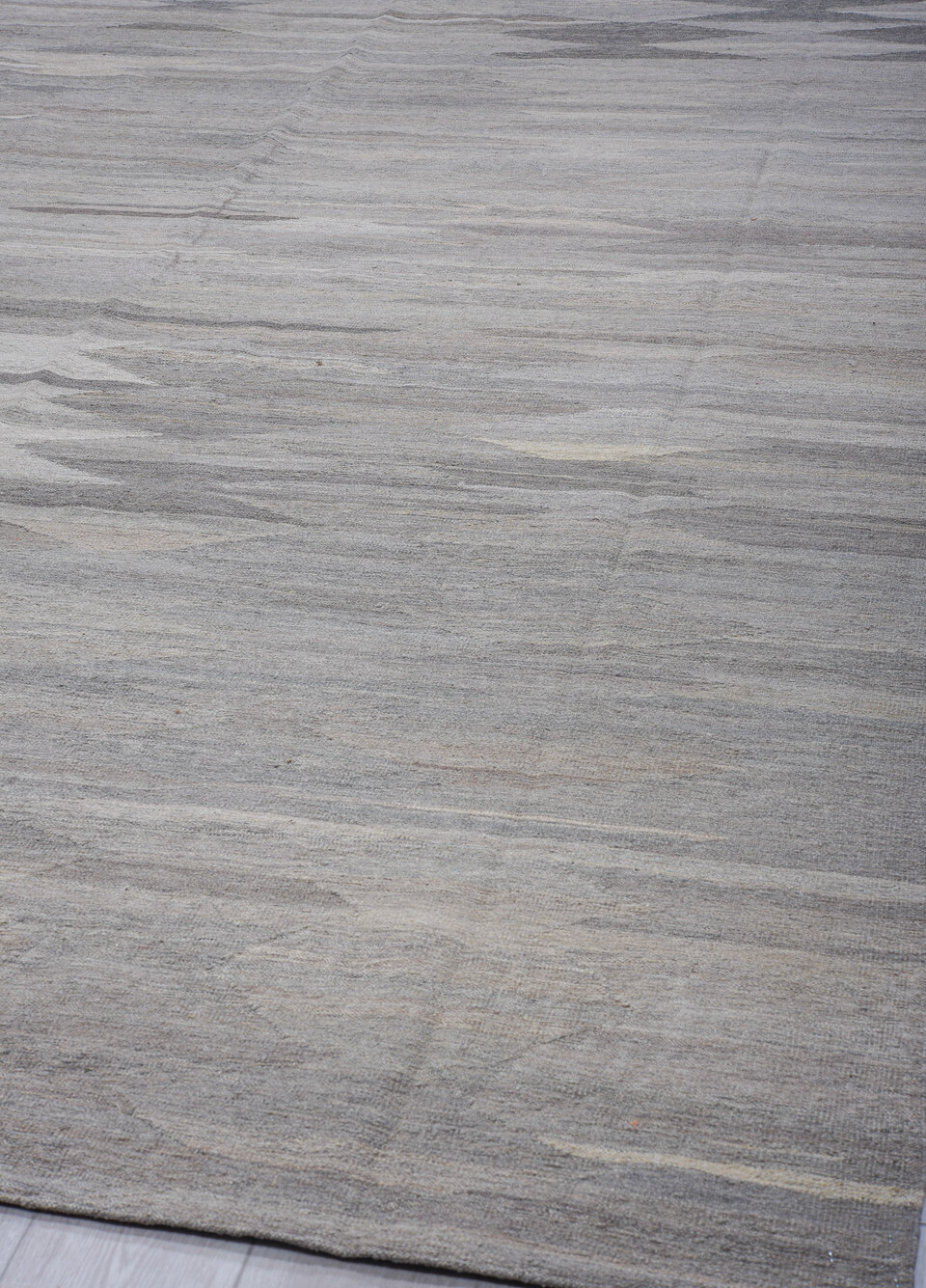 9' x 12' one-of-a-kind handmade vintage Kilim large size rug. Color palette: blue, dark gray, dim gray, gray, light blue