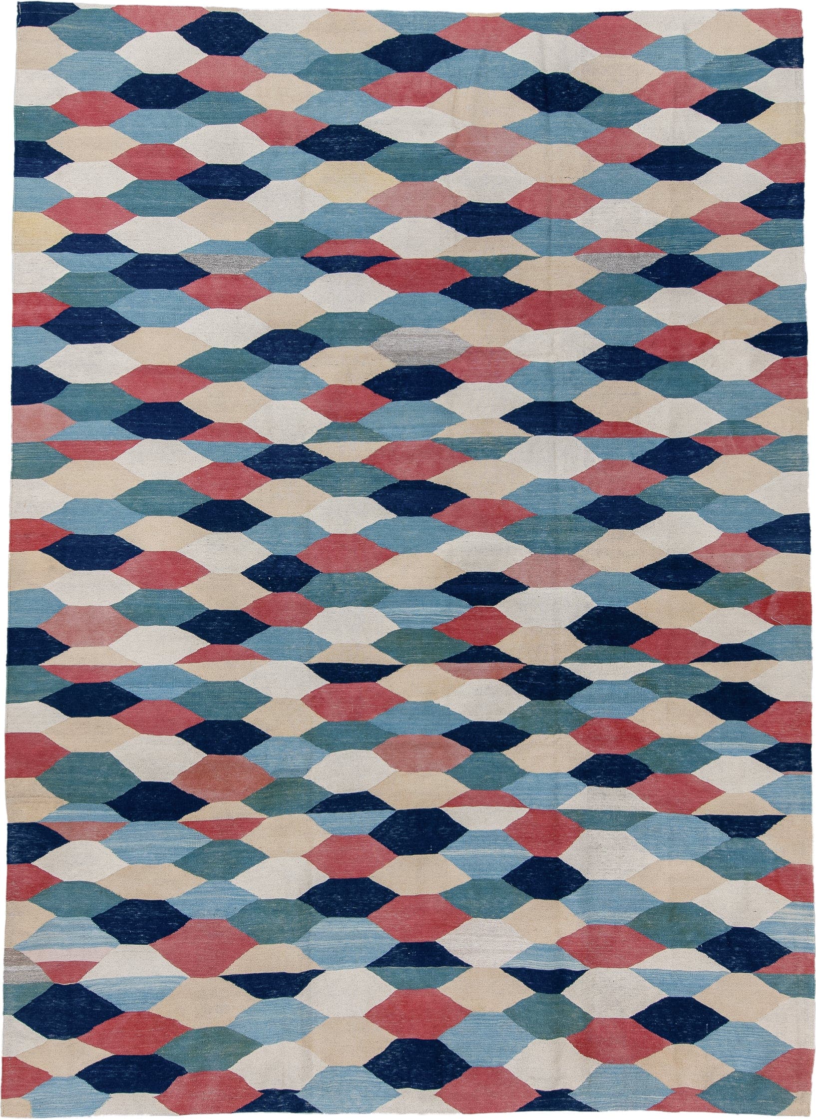 10' x 14' one-of-a-kind handmade vintage Kilim large size rug. Color palette: ivory, sky blue, teal, coral, navy, cream